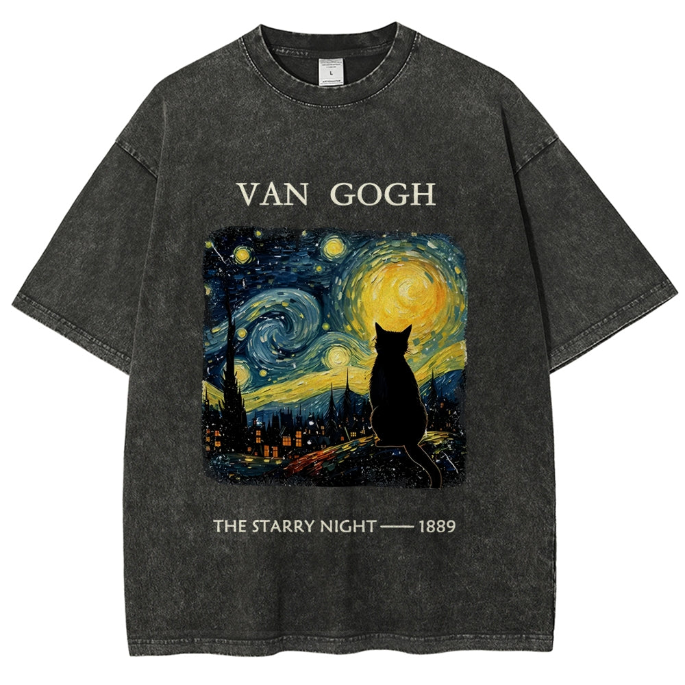 Van Gogh Starry Night Cat Silhouette Vintage Washed T-Shirt
