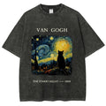 Van Gogh Starry Night Cat Silhouette Vintage Washed T-Shirt