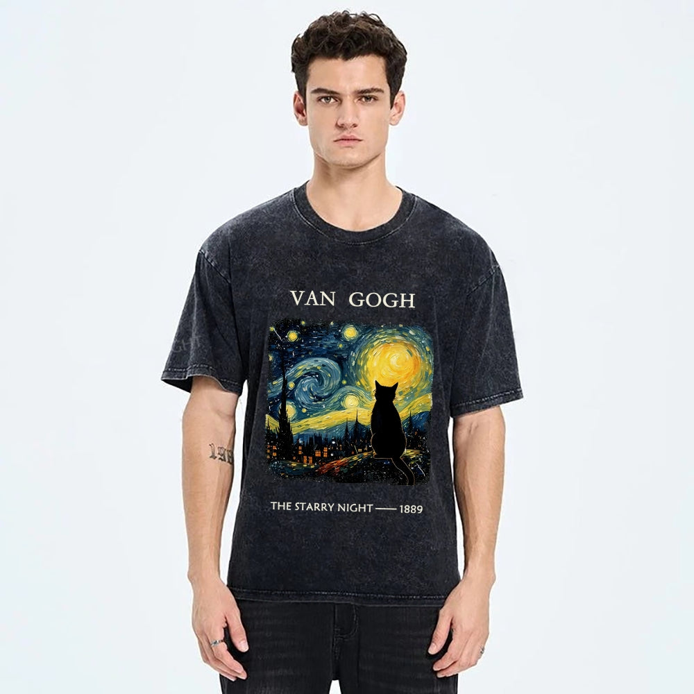 Van Gogh Starry Night Cat Silhouette Vintage Washed T-Shirt