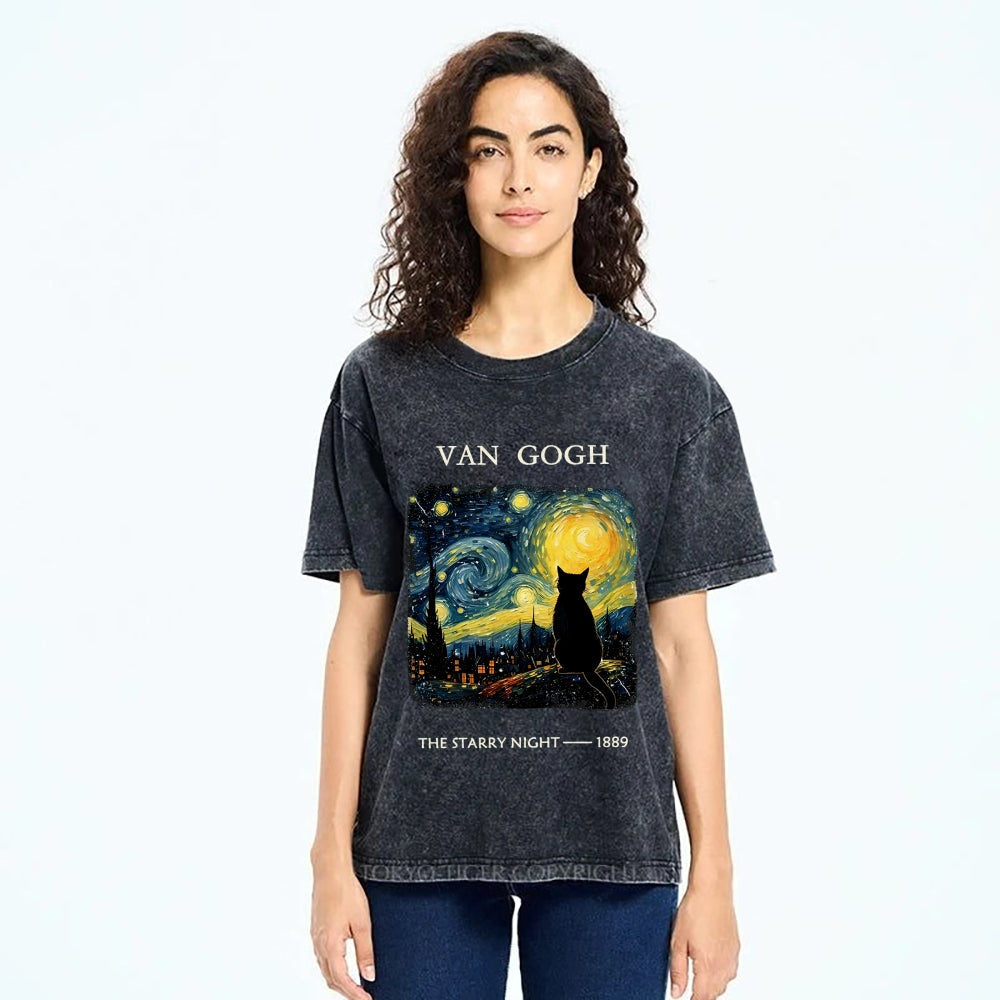 Van Gogh Starry Night Cat Silhouette Vintage Washed T-Shirt