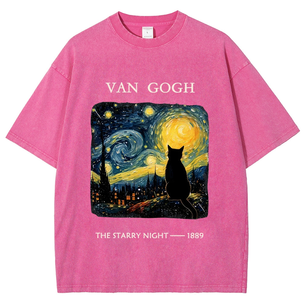 Van Gogh Starry Night Cat Silhouette Vintage Washed T-Shirt
