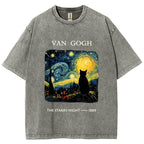 Van Gogh Starry Night Cat Silhouette Vintage Washed T-Shirt