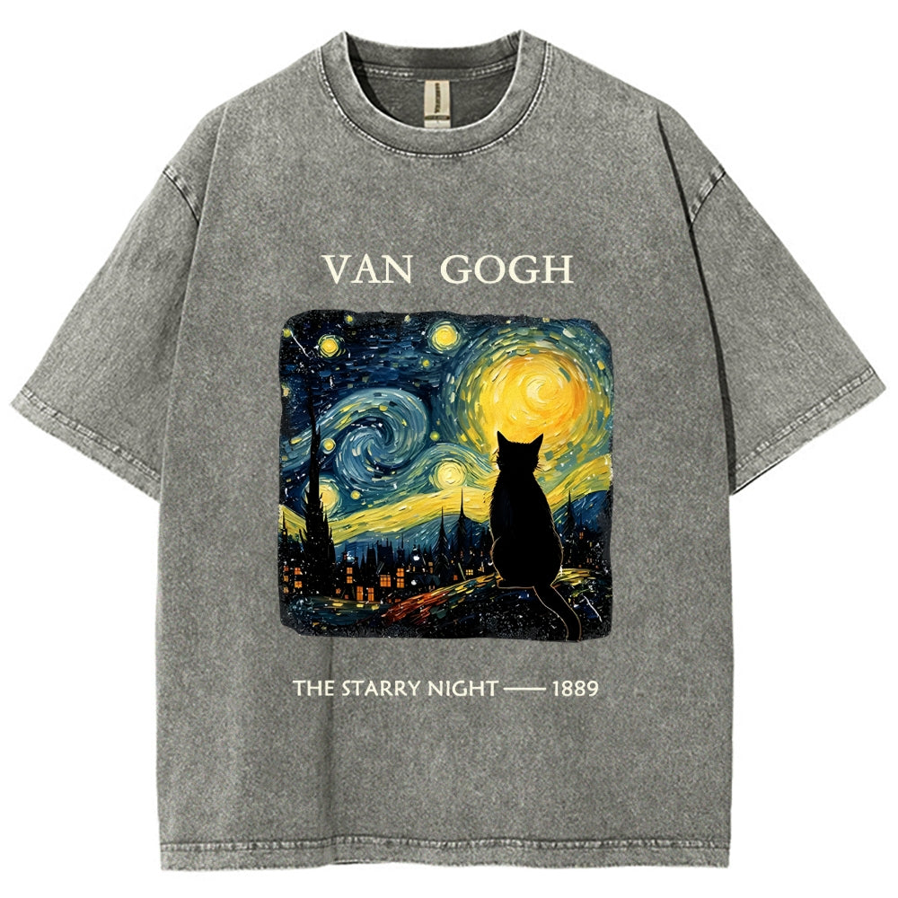 Van Gogh Starry Night Cat Silhouette Vintage Washed T-Shirt