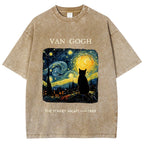 Van Gogh Starry Night Cat Silhouette Vintage Washed T-Shirt