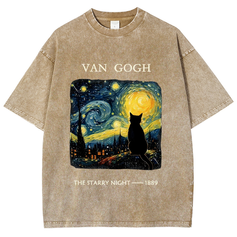 Van Gogh Starry Night Cat Silhouette Vintage Washed T-Shirt