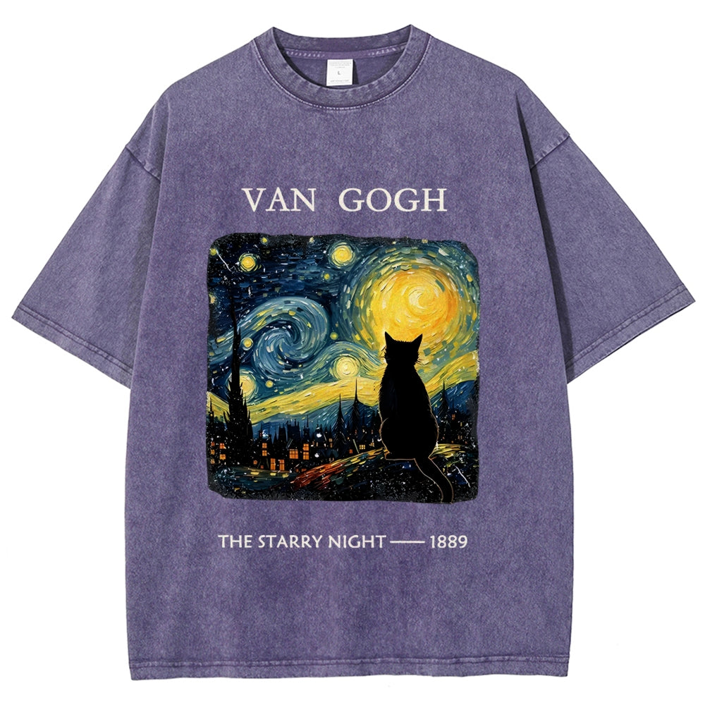 Van Gogh Starry Night Cat Silhouette Vintage Washed T-Shirt