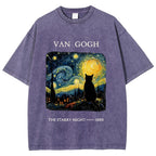 Van Gogh Starry Night Cat Silhouette Vintage Washed T-Shirt