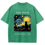 Van Gogh Starry Night Cat Silhouette Vintage Washed T-Shirt