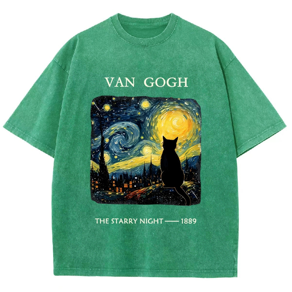 Van Gogh Starry Night Cat Silhouette Vintage Washed T-Shirt