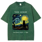 Van Gogh Starry Night Cat Silhouette Vintage Washed T-Shirt