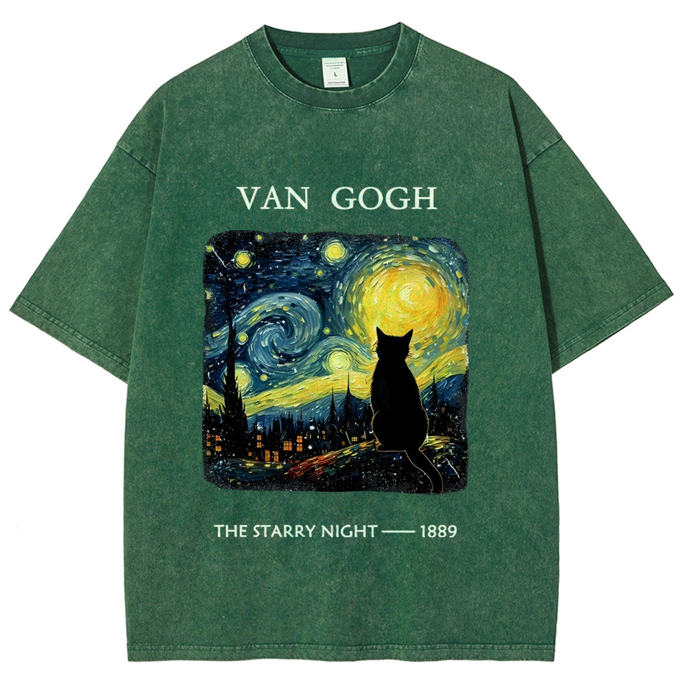 Van Gogh Starry Night Cat Silhouette Vintage Washed T-Shirt