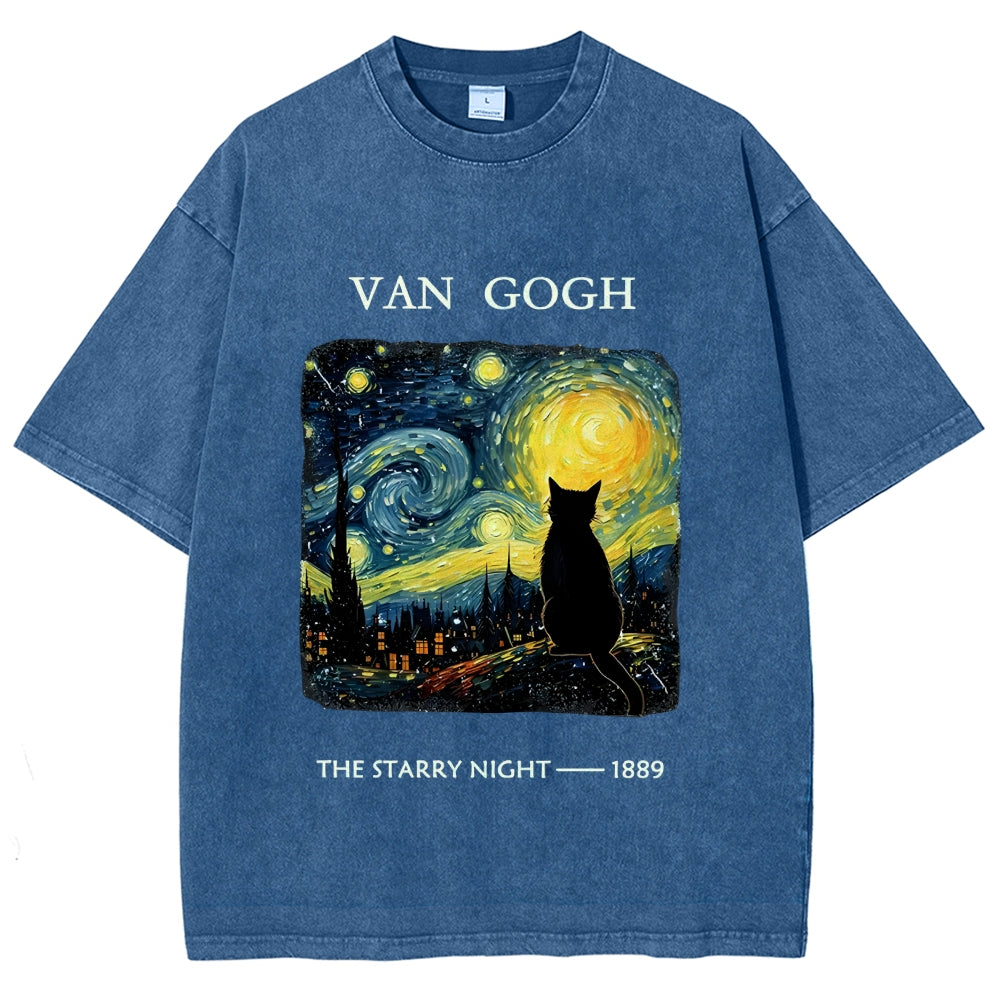 Van Gogh Starry Night Cat Silhouette Vintage Washed T-Shirt
