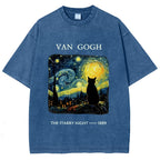 Van Gogh Starry Night Cat Silhouette Vintage Washed T-Shirt