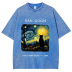 Van Gogh Starry Night Cat Silhouette Vintage Washed T-Shirt