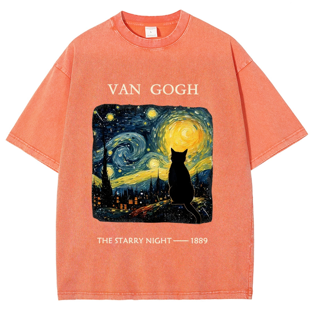Van Gogh Starry Night Cat Silhouette Vintage Washed T-Shirt