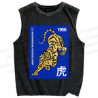 Unisex Retro Stamp Tiger Printed Washed Tank Top