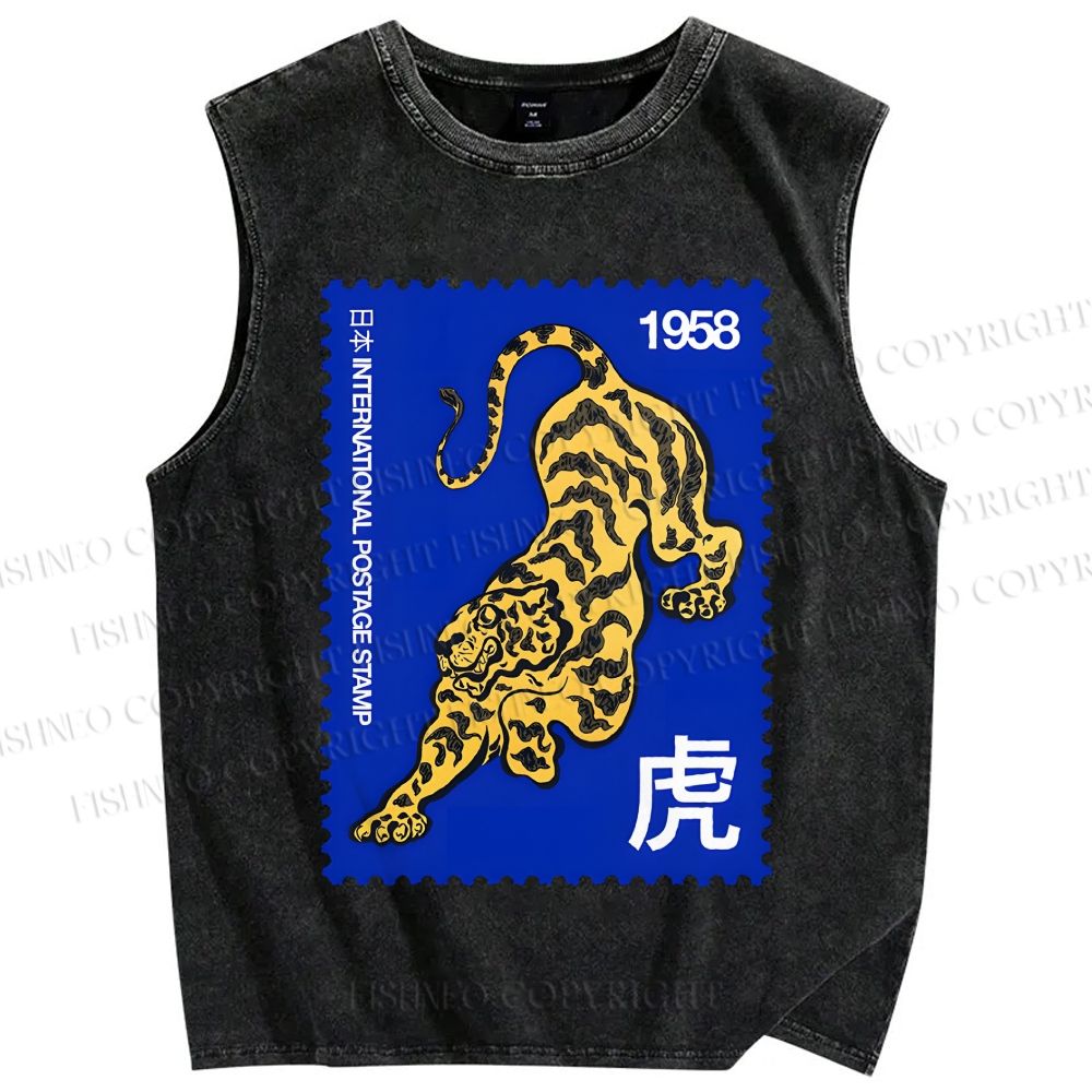 Unisex Retro Stamp Tiger Printed Washed Tank Top