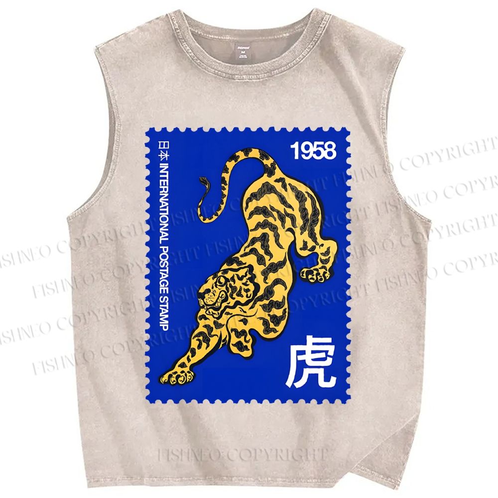 Unisex Retro Stamp Tiger Printed Washed Tank Top