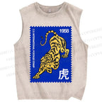 Unisex Retro Stamp Tiger Printed Washed Tank Top