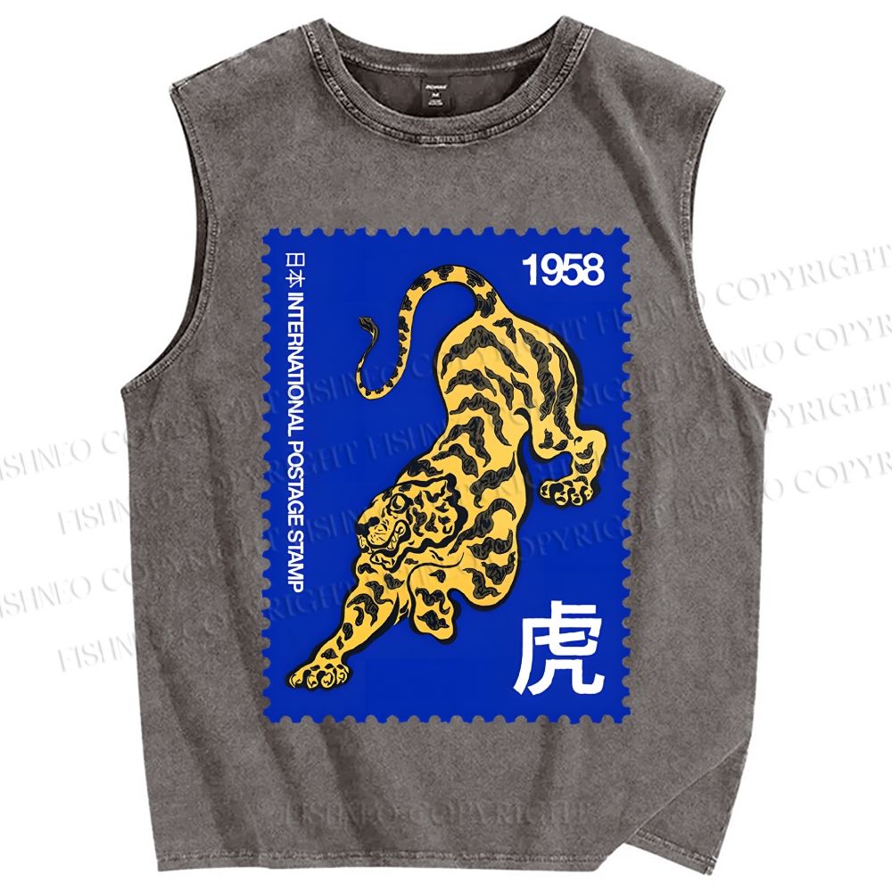 Unisex Retro Stamp Tiger Printed Washed Tank Top