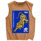 Unisex Retro Stamp Tiger Printed Washed Tank Top