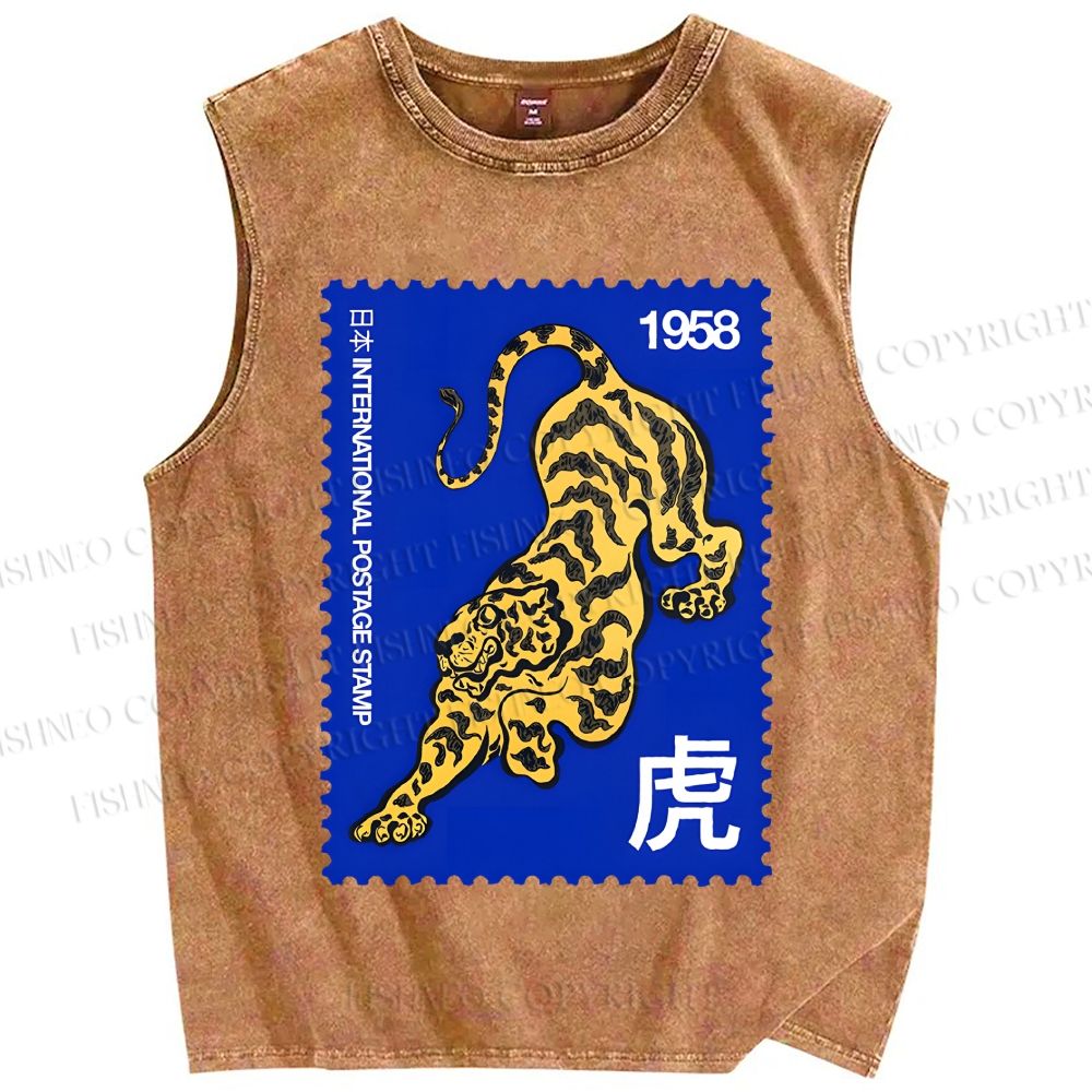 Unisex Retro Stamp Tiger Printed Washed Tank Top