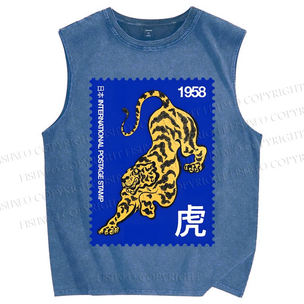 Unisex Retro Stamp Tiger Printed Washed Tank Top