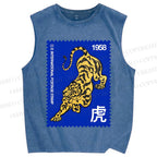 Unisex Retro Stamp Tiger Printed Washed Tank Top