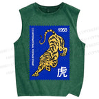 Unisex Retro Stamp Tiger Printed Washed Tank Top