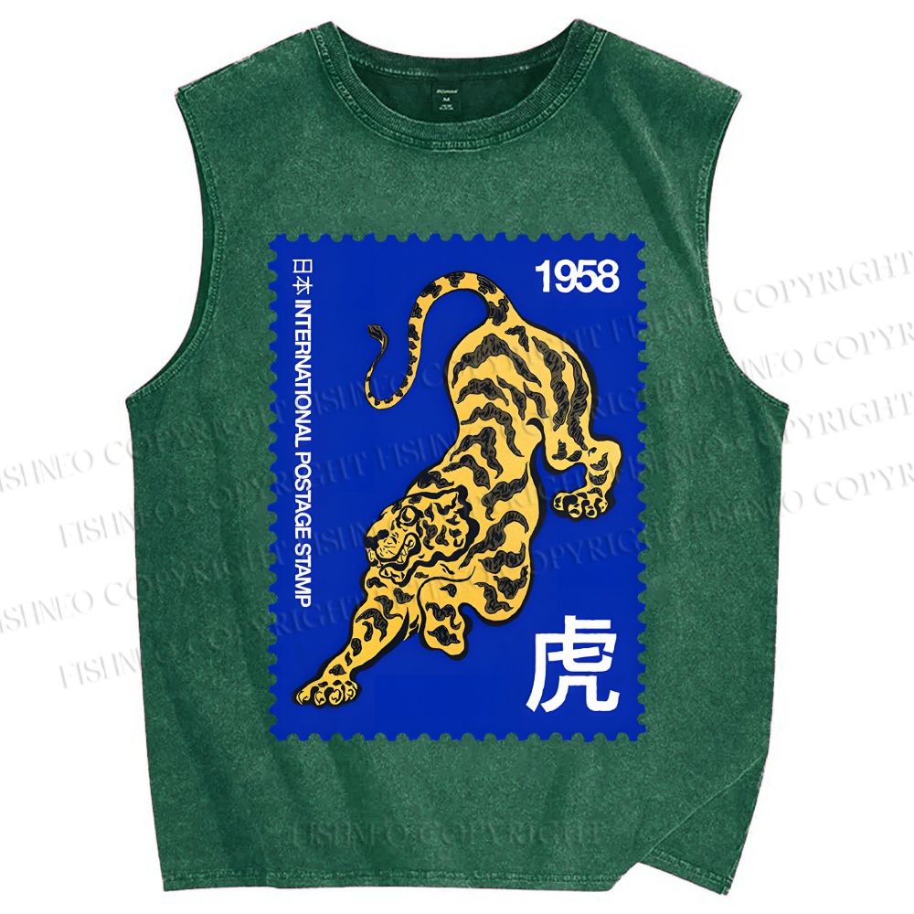 Unisex Retro Stamp Tiger Printed Washed Tank Top