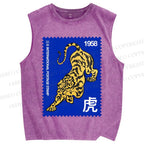Unisex Retro Stamp Tiger Printed Washed Tank Top