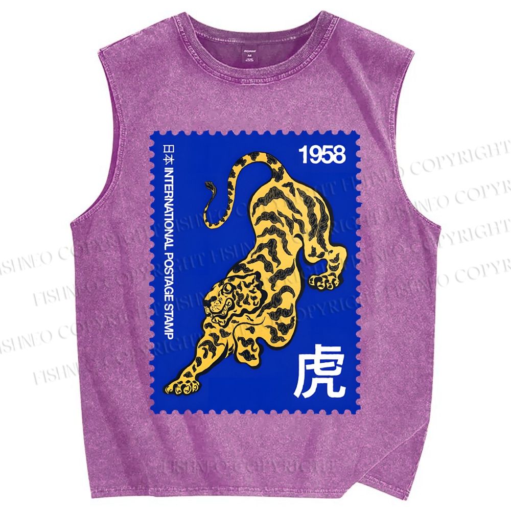 Unisex Retro Stamp Tiger Printed Washed Tank Top