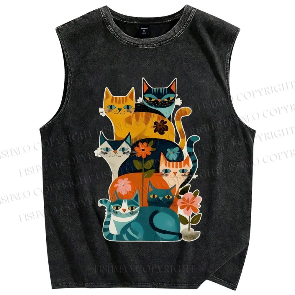 Unisex Floral Cats Printed Washed Tank Top