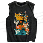 Unisex Floral Cats Printed Washed Tank Top