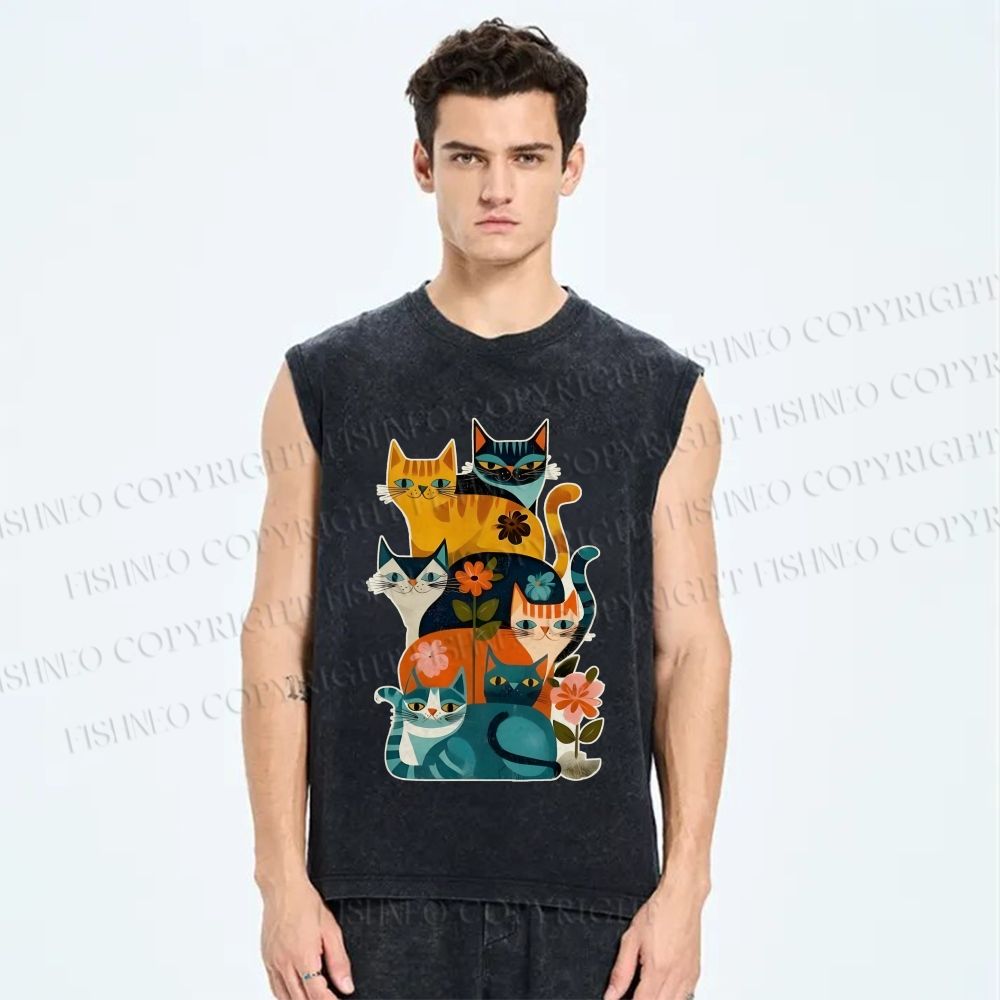Unisex Floral Cats Printed Washed Tank Top