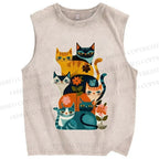 Unisex Floral Cats Printed Washed Tank Top