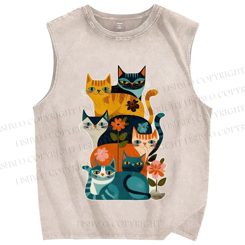 Unisex Floral Cats Printed Washed Tank Top