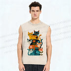 Unisex Floral Cats Printed Washed Tank Top