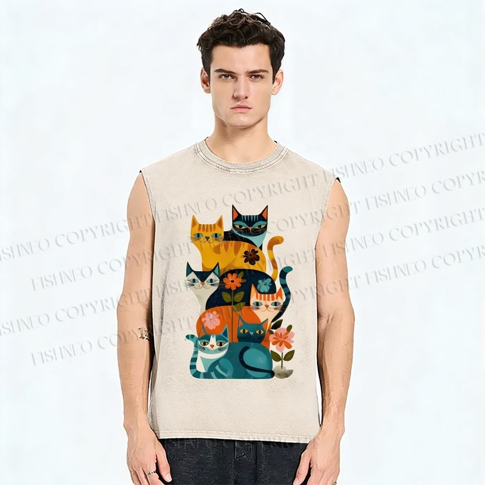 Unisex Floral Cats Printed Washed Tank Top