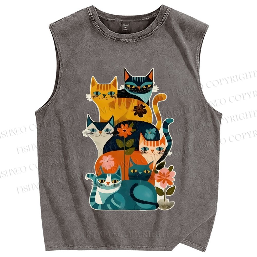 Unisex Floral Cats Printed Washed Tank Top