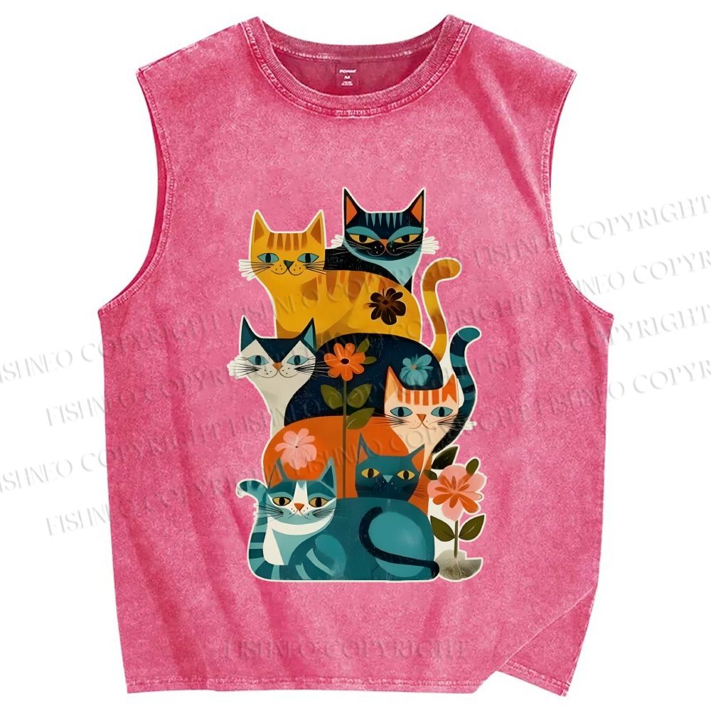 Unisex Floral Cats Printed Washed Tank Top