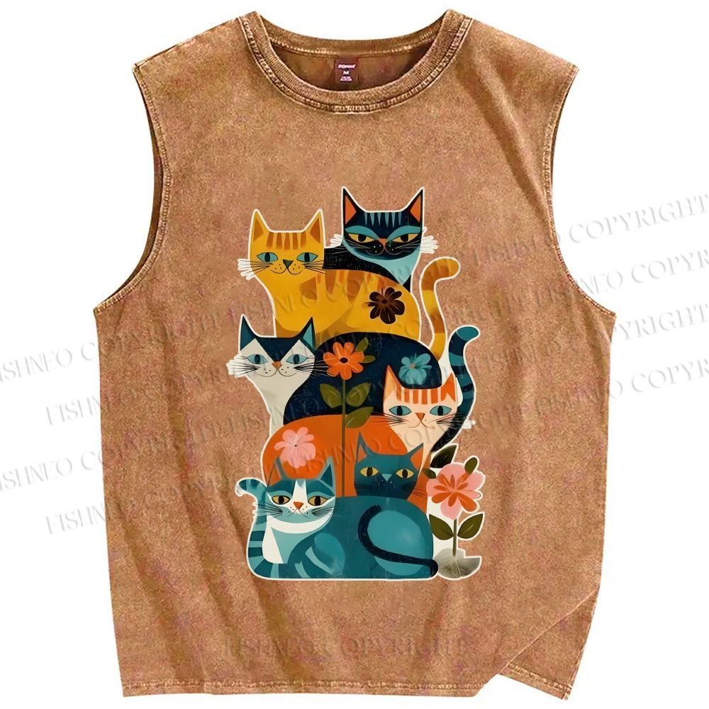 Unisex Floral Cats Printed Washed Tank Top