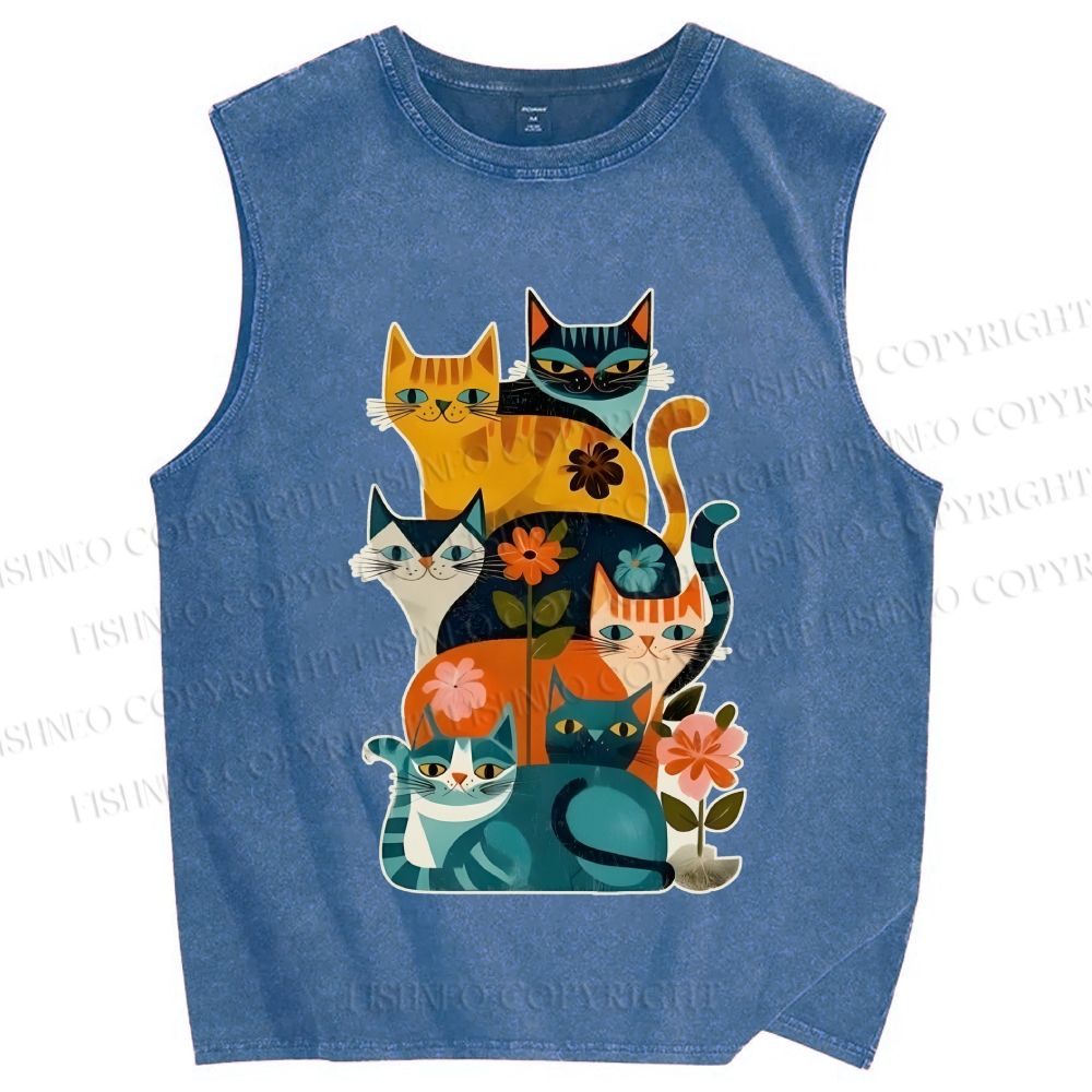 Unisex Floral Cats Printed Washed Tank Top