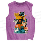 Unisex Floral Cats Printed Washed Tank Top