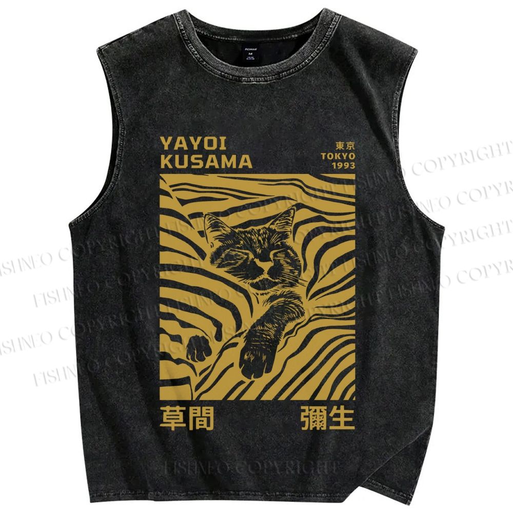 Unisex Yayoi Kusama Sleepy Cat Printed Washed Tank Top