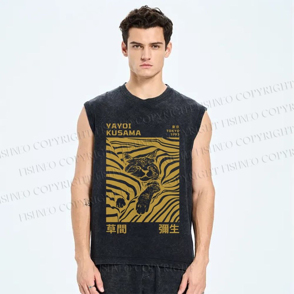 Unisex Yayoi Kusama Sleepy Cat Printed Washed Tank Top