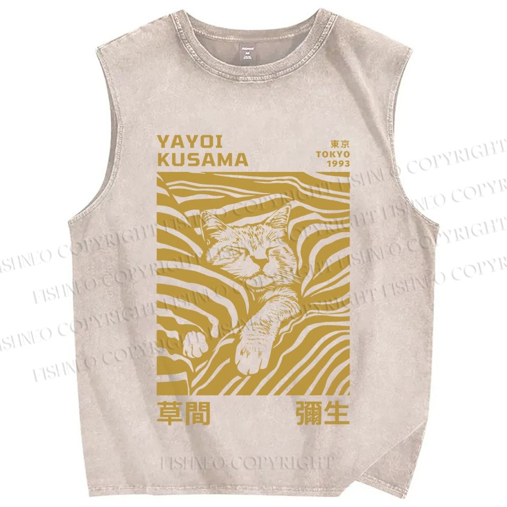 Unisex Yayoi Kusama Sleepy Cat Printed Washed Tank Top