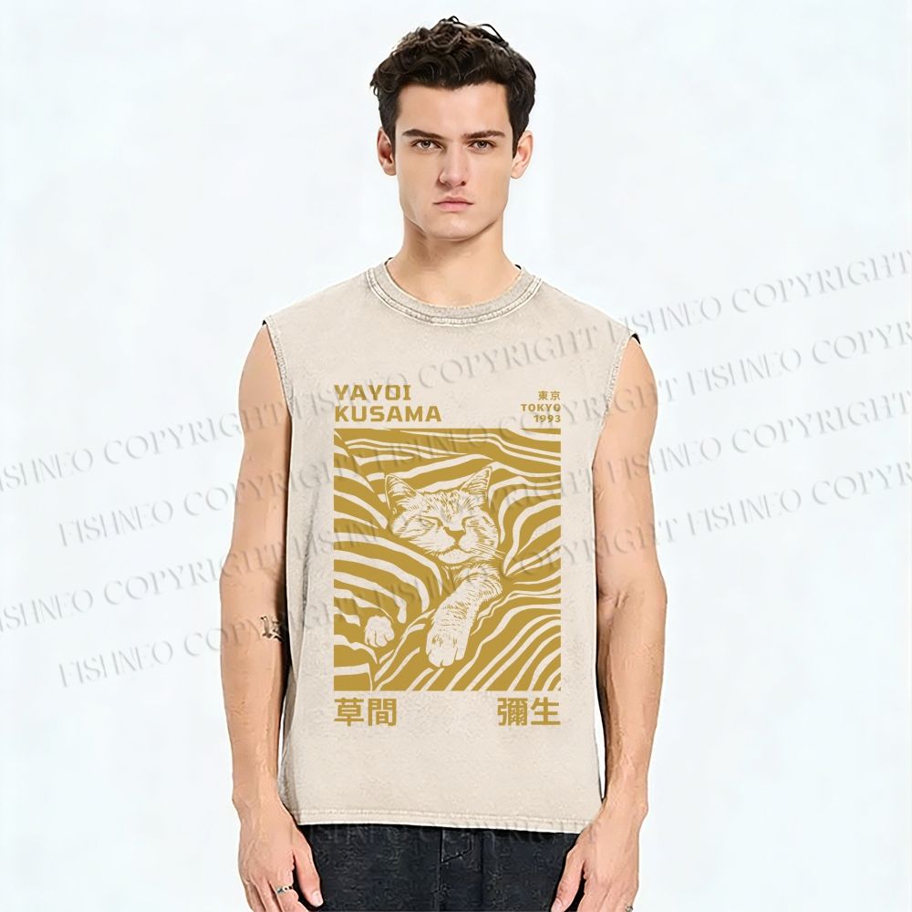 Unisex Yayoi Kusama Sleepy Cat Printed Washed Tank Top