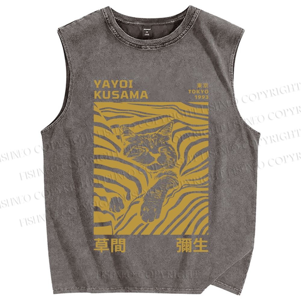 Unisex Yayoi Kusama Sleepy Cat Printed Washed Tank Top