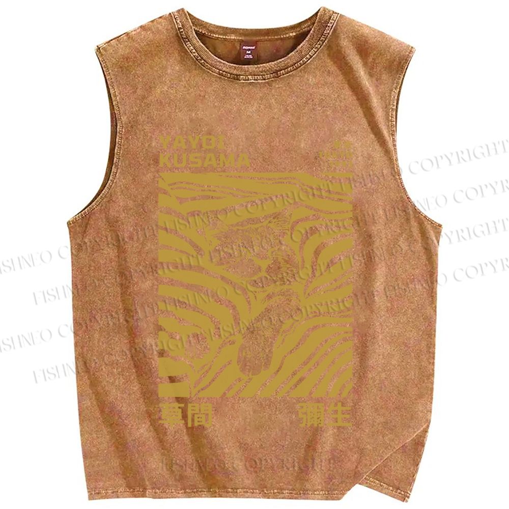 Unisex Yayoi Kusama Sleepy Cat Printed Washed Tank Top